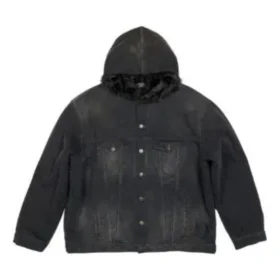 Denim bundy s kapucí a knoflíky s efektem vyblednutí „Black“ 724653TNW541129