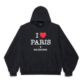 Mikina s kapucí I Love Paris Balenciaga, volný střih „Black Faded“ 803265TRVM61041