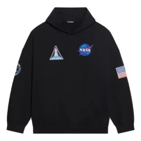 Pánské Balenciaga x NASA FW21 Crossover Logo bavlněné klasické volné mikiny s kapucí a dlouhými rukávy, černé 651799TKVD81070
