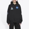 Pánské Balenciaga x NASA FW21 Crossover Logo bavlněné klasické volné mikiny s kapucí a dlouhými rukávy, černé 651799TKVD81070