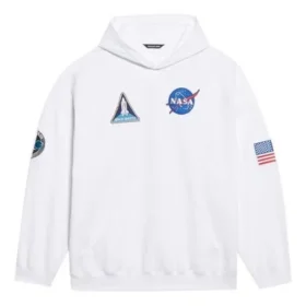 Pánská klasická bavlněná mikina s kapucí a dlouhými rukávy Balenciaga x NASA FW21 Crossover Logo, volný střih, bílá 651799TKVD89040