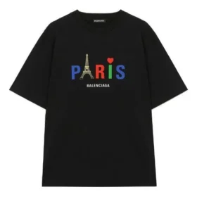 Pánské tričko Balenciaga Paris Love s potiskem, standardní střih, krátký rukáv, černé 594579TGV431000
