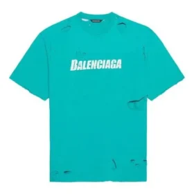 Pánské tričko Balenciaga SS21 s potiskem písmen, otvory a kulatým výstřihem, zelené, s krátkými rukávy 651795TKVB84661